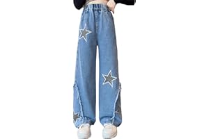 Happy Cherry - Girls Jeans Kid Denim Pants Loose Wide-leg Ripped Pant Child Baggy Trousers Outfits Elasticated High-waisted Straight Jeans Light Blue Fashion Casual Cute with Pockets Age 5-15 Years