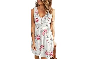 AUSELILY Vestito Donna Estivo con Scollo a V Senza Maniche Lunghezza al Ginocchio Elastico in Vita Decorazione con Bottoni Abito Casual con Tasch