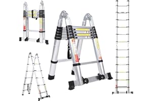 BOWEITI 3.8m Teleskopleiter, Teleskop Einer Rahmenleiter mit Balance Bar und beweglichem Rad, Haushaltsgebrauch faltende Leiter, Mehrzweck zusammenklappbare Leiter für Außenarbeit