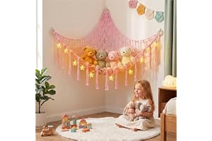 AUAUY Mjukisförvaringsnät med LED-lampor, Boho-teddybjörn-förvaringshammok, Plyssdjurförvaringsnät, Stofförvaringsnät med tof