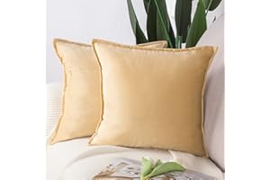 Madizz Zestaw 2 bardzo miękkich aksamitnych, dekoracyjnych poszewek na poduszki z frędzlami, luksusowy styl, na sofę do sypialni, kwadratowe, khaki, 50 x 50 cm