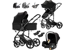 Prokoke Passeggino Trio, Trio Passeggino Neonati con Due Modi Reversibili per Spingere, Passeggino 3 in 1 con Una Lega di Alluminio a Cornice, Trio con Design Pieghevole in Un Clic (black 588 new)