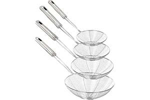 LOW&EE Écumoire araignée en acier inoxydable Lot de 4 professionnels fil d'acier Passoire et égouttoir eau ou huile - Écumoire métallique de cuisine - manche haute résistance à la chaleur - 14/16/18/20 cm