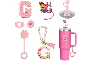 FIDWALL 6PCS Accessori personalizzati per Stanley Cup, Decorazioni con iniziali per tumbler Stanley, Adesivo con lettera per Stanley Cup, Ciondolo con lettera,Cappuccio di copertura per cannuccia e tappo (G)