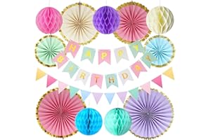 NETNOLOGY Pastell Geburtstag Dekoration, Macaron Happy Birthday Party Deko Mädchen Frau mit Happy Birthday Girlande Wimpelkette Wabenbälle Papier Fans, Wiederverwendbare Wabenbälle Geburtstagsdeko Pompons Deko