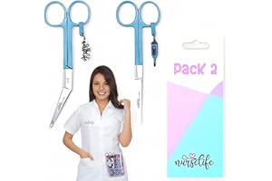 EWIG Nurse Life Pack 2 Tijeras Enfermeria Mayo y Pico Pato - Punta Roma | Para Bolsillo y Portatijeras - I love it, Punta Redonda Profesional, Primeros Auxilios, Vendaje. Acero pulido.CELESTE
