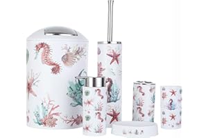 Icegrey Modern Design 6-teiliges Luxus-Badezimmer Zubehör-Set Lotionflaschen, Zahnbürstenhalter, Zahnbecher, Seifenschale, Toilettenbürste, Mülleimer, Ozean
