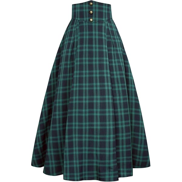 Gonna Vittoriana Medievale SCARLET DARKNESS, Vita Alta Con Lacci, Caffè Plaid, Taglia M - 4