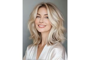 Webshaiy Platinum Blonde Perücke Damen Schulterlange Lockige Gewellte Gestufte Bob Perücke mit Pony, Echter Spitzenkopfhaut Synthetische Perücken für Dünnes Haar/Grauabdeckung Täglichen Gebrauch