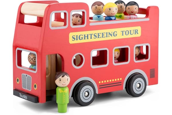 Woet® Bus City Tour en Bois Jouet pour Enfants à Partir de 2 Ans – Bus Rouge à Deux Étages avec 9 Figurines – Véhicule d’Imitation – Cadeau Filles et Garçons