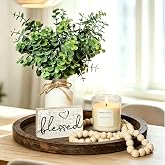 6Pcs Modern Farmhouse Tray Decor Set - Round Wooden Decorative Tray | with Ceramic Vase, Faux Plants, Wood Bead, Candle for L