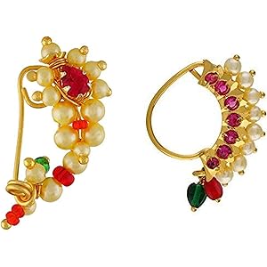 Vail Creations Small Size Traditional Maharashtrian Nose ring without piercing Pearl Gold Plated Nath Clip On Nose Ring For Women