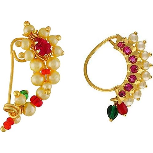 Vail Creations Small Size Traditional Maharashtrian Nose ring without piercing Pearl Gold Plated Nath Clip On Nose Ring For Women