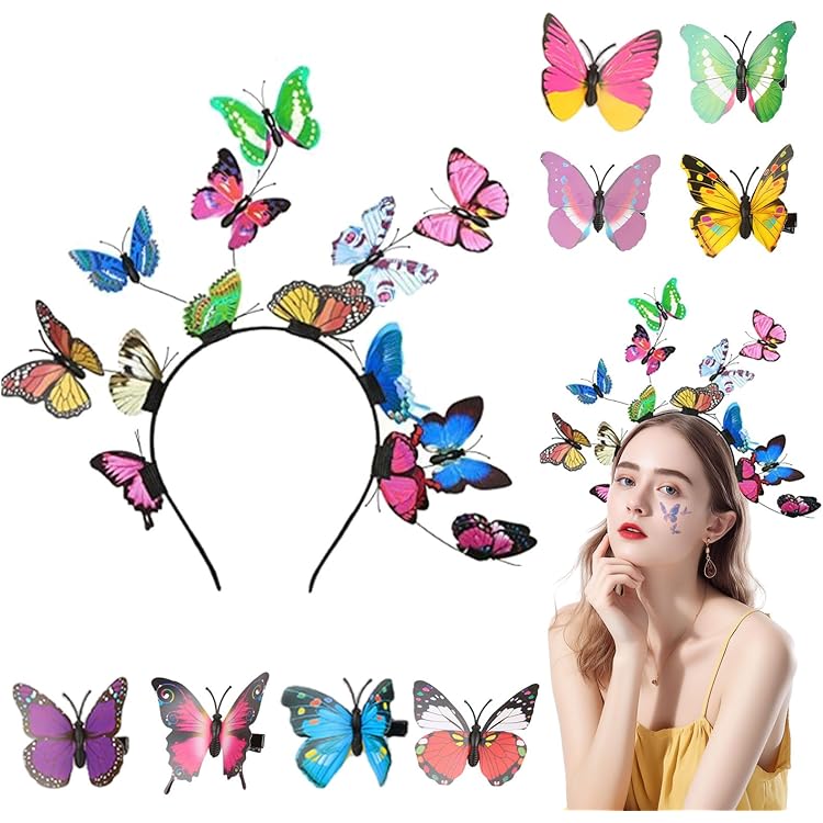 Papillon Bandeau Cheveux Femme, Serre-tête Papillon Bandeau, Avec 8 Aleatoire Barrette Papillon Pour Evjf Anniversaires F Amz B