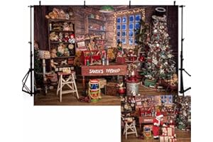 MEHOFOND 7x5ft Christmas Backdrop Santa's Toyshop Photography Background Vintage Rustic Wooden House Winter Night Cottage Gift Xmas Tree Family Holiday Party Decoration Portrait Photo Studio