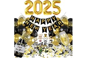 IWHEAT Silvester Deko 2025 Dekoration Set, Neujahr Silvesterdeko, Happy New Year Girlande, 2025 Zahlen Folienballons, Fotorequisiten,Champagner,Schwarz Gold Luftballons Konfetti Ballons für Neujahr Deko 2025