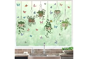 ANHUIB Grüne Pflanzen Wandsticker,Topfpflanze Wandaufkleber,Sticker Fenster Frühling Selbstklebend,Wandaufkleber Wohnzimmer,Pflanzen Schmetterling Aufkleber für Fenster,Fensterbilder Pflanzen Hängend