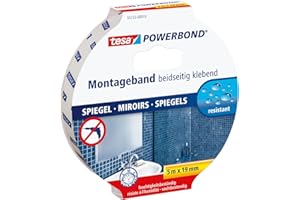 tesa Powerbond MIRROR - Doppelseitiges Montageband zur Fixierung von Spiegeln - Feuchtigkeitsbeständiges Klebeband für Bad und Dusche - 5 m x 19 mm