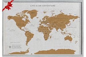 Splosh Travel Map - Bacheca XL da scrivania con mappa del mondo, cornice in legno, bacheca in sughero con 100 perni in 2 colori per segnare le tue avventure passate e future, mappe del mondo