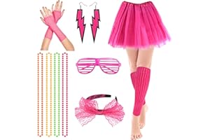 mefound 80s Fancy Party Costume Accessories Set,Adult Tutu Leg Warmers Fishnet Pink Gloves Necklaces Bead Lace Bow Headband Lighting Earrings Sunglasses