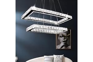 Finktonglan Moderno Lampadario Cristallo Rettangolare Led 2 Anelli Plafoniera In Acciaio Inox Lampada a sospensione Led Lampadari per Sala da pranzo Soggiorno Camera da letto (Bianco Freddo)…