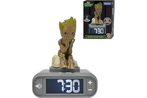 LEXIBOOK, Marvel Guardianes de la Galaxia, Reloj Despertador con luz Nocturna Groot, Sonidos y melodías, Pantalla LCD retroiluminada, Iluminado, Snooze, Gris/Marrón, RL800GG
