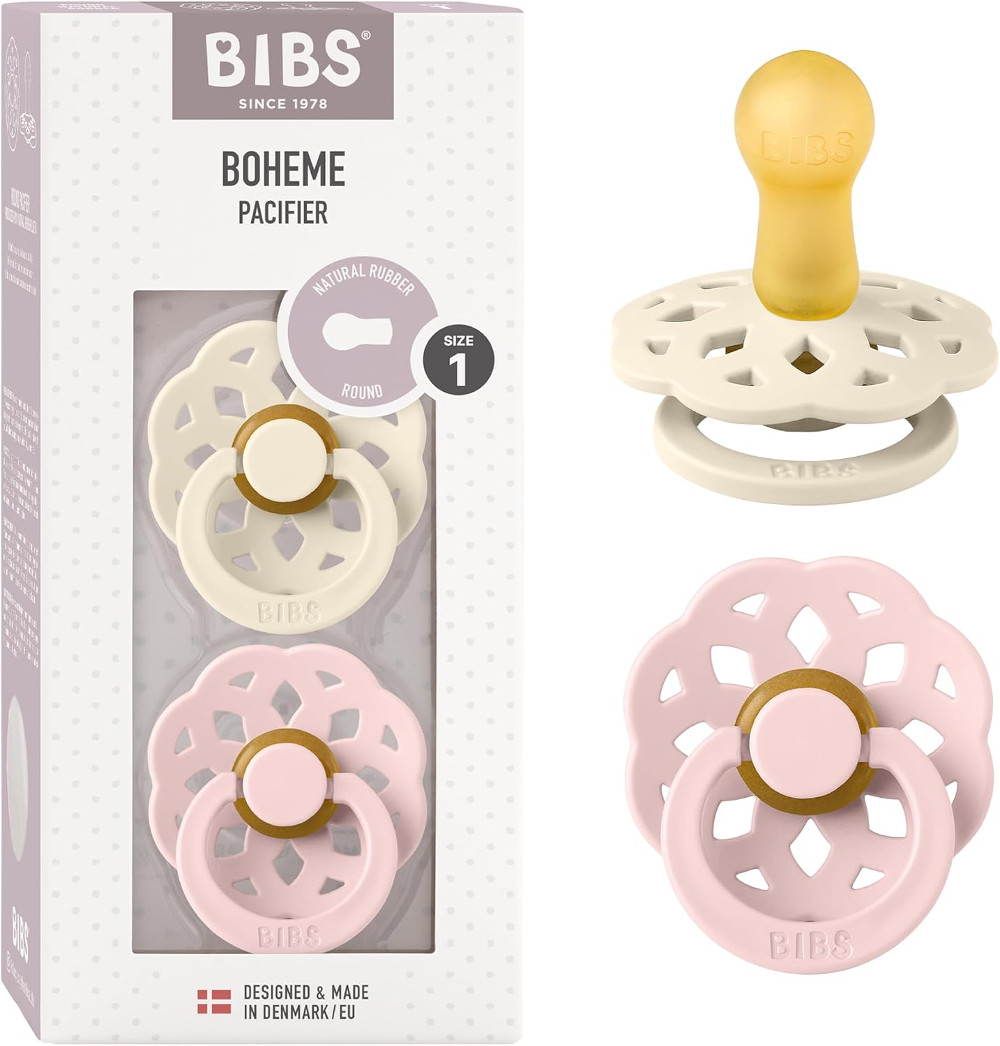BIBS Boheme Paquete de 2 chupetes. Libre de BPA, Tetina redonda. Látex natural, Talla 1 (0-6 meses), Ivory/Blossom