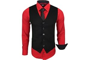 Subliminal Mode - Gilet + Chemise + Cravate Homme Col Bicolore Uni Manches Longues Coupe Ajusté Business Repassage Facile RN33