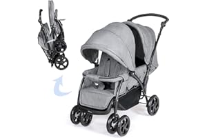 COSTWAY Double Seat Pushchair, Foldable Twin Tandem Stroller with Adjustable Backrest, Push Handle & Footrest, 5 Points Safety Belts, Sunshade & Storage Basket, for from Birth to 15kg (Grey)