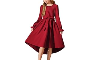 Arshiner Mädchen Kleid Langarm Chiffonkleid A-Linie High-Low Kleid Kinder Abendkleid Festlich Hochzeit Partykleid Midikleid Herbst Winter Festkleid mit Gürtel und Tasche 5-12 Jahre