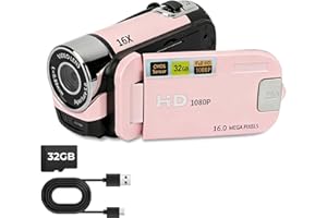 Fulkued Camcorder Video Camera, 1080P 16MP DV Digital Camera, 2.4 Inch Recorder 270° Degrees, 16X Kids Vlogging Video Camer with Fill Light & 16GB SD Card for Travel Recording(Pink)