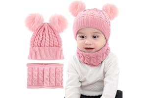 CheChury Conjunto de Bufanda y Gorro de Punto Unisex Niños Niñas Invierno cálido Punto Beanie Gorros con Pompon Bufanda de Punto Cuello Redondo Bebé