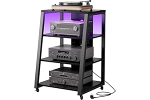 Lifewit Estantería HiFi de 4 niveles con ruedas y estante ajustable, mesa giratoria con regletas y luces LED, soporte multimedia AV para sala de estar/cine en casa/dormitorio (60 x 55 x 90 cm)