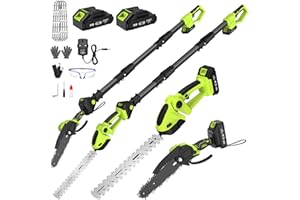 SUKUMO Cordless Pole Hedge Trimmer & Chainsaw Set, 2 * 4.0Ah Battery Rechargeable 7.05Ft Extension Pole 550W Pure Copper Motor 0-135° Adjust Angle Long Reach Trimmer Pruning Branch for Fence, Grass Trimmer