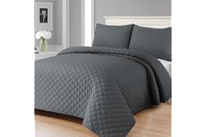 MIA we dress your home Luxury Quilted Bedspreads Double Size - 3 Piece Grey Embossed Bed Cover 220x250 Comforter Throw Ultra Soft Coverlet All Seasons