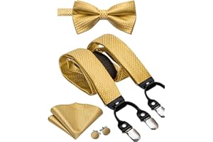 Dubulle Suspenders for Men Paisley Stripe Pretied Bow Tie and Suit Brace Pocket Square Set Adjustable Y Shape 6 Clips Wedding Party