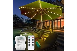 DINOWIN Lampes de parasol de jardin à Batterie 104 LED Étanche Chaîne Lumineuse pour Parasol 8 Modes lumière parasol extérieur avec Télécommande pour jardin, camping (Blanc chaud)