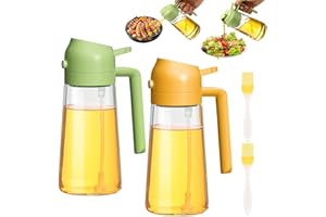 FHISKUNYU Spruzzatore Olio 2 in 1 con Dosatore, 470ml Bottiglia in Vetro per Friggitrice ad Aria, Cucina, Barbecue e Insalata - 2 Pezzi (Verde e Arancione)