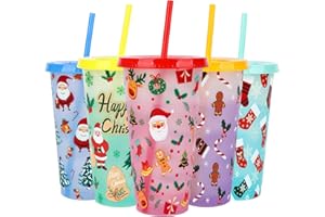 TSLBW 5-Piece Christmas Drink Cup Set 710ml Iced Coffee Cups - Color Changing, with Lids, Straws Santa Claus Snowman Reindeer Gingerbread for Kids Party Favors