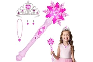 AUYAO Magique pour Enfants, 4pcs Baguette de Flocon de Neige Lumineuse Filles avec Musique, Baguette Magique Princesse avec Couronne, Collier, Boucles d'oreilles pour Noël Carnaval(Rose)