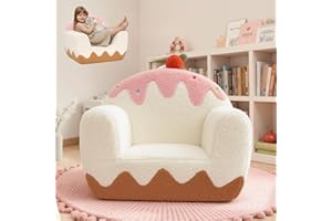 OUOZZZ Toddler Chair – Kids Chair for Ages 1–6, Pink & White Ice-Cream Sherpa Seat with Book Pocket & Carry Handle, Comfy Foam — Single-Seat Kids Couch Sofa, Embroidered Gift for Girls