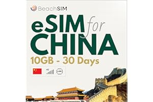 BeachSIM Chine eSIM. 10 GB de données à des Vitesses 4G/5G. Données prépayées Uniquement SIM. Recharge Facile. Fonctionne sur Les appareils iOS et Android compatibles eSIM. Valable 30 Jours.