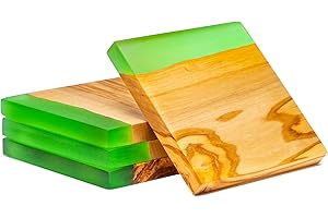 Erreke Dessous de Verre, Sous Verre Bois, Sous Verre, Lot de 4 Dessous de Verre Original en Bois d'olivier Naturel et Résine Époxy, Ensemble de Sous Verre Style Méditerranée 10x10x1.2 cm Couleur Verte