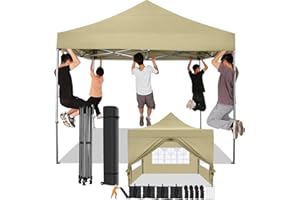 HOTEEL Gazebo 3x3,Gazebo Esterno Resistente con Parete Laterale e Sacchi di Sabbia,Esterno Pieghevole Impermeabile Gazebo da Giardino,Tendone Padiglione Pop Up per Feste Campeggio (3 per 3m Cachi)