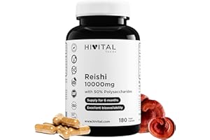 HIVITAL FOODS Reishi 10000 mg. 180 vegane Kapseln für eine 6-monatige Kur. Mit 50% Polysacchariden, 10% Betaglucanen, 2% Triterpenen. 20:1-Extrakt aus japanischem Reishi (Ganoderma Lucidum). Von HIVITAL