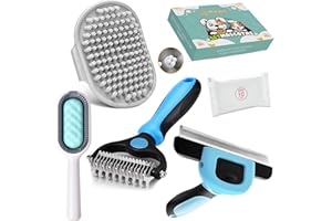 PUKPU Kit de Aseo para Mascotas de 5 Piezas - Incluye Cepillo Deslanador Pelo Largo, Cepillo Pelo Corto, Cepillo de Goma, Cepillo con Depósito de Agua y 10 Toallitas - Kit Cepillado Perros y Gatos