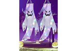 GMGXX 2 Stück Halloween Deko Geister Windsäcke Outdoor mit LED-Lich, 135cm Hängen Ghost Dekoration für Halloween Party, Veranda Rasen Patio Garten, Outdoor Spooky Flag mit Haken