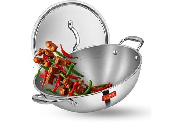 Sumeet Cook Smart TriPly Steel-Aluminium-Steel - 3 Layers Kadhai with Lid - 5 Years Warranty - 4 LTR - 28Cm - Kadai