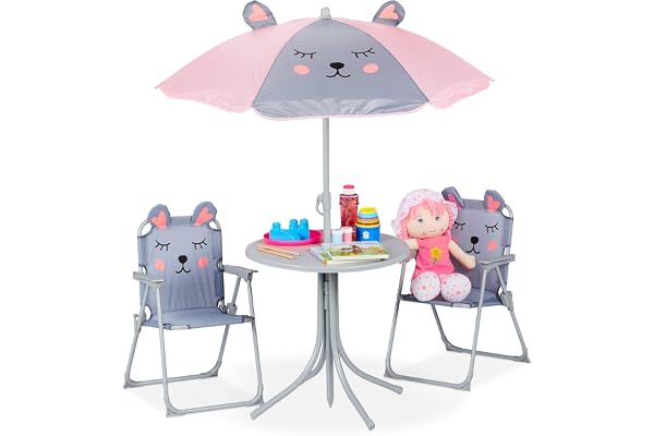Relaxdays Ensemble Camping, Chaise Enfants avec Abat-Jour, Pliable et Table, Souris Grise, Gris