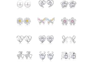 JeweBella 12 Pares Pequenos Pendientes para Mujeres Niñas Plata de Ley 925 Aguja Hipoalergeniños Pendientes Flor Mariposa Circón Juego de Pendientes Cartílago Joyas Regalos Rosa/Morado/Blanco